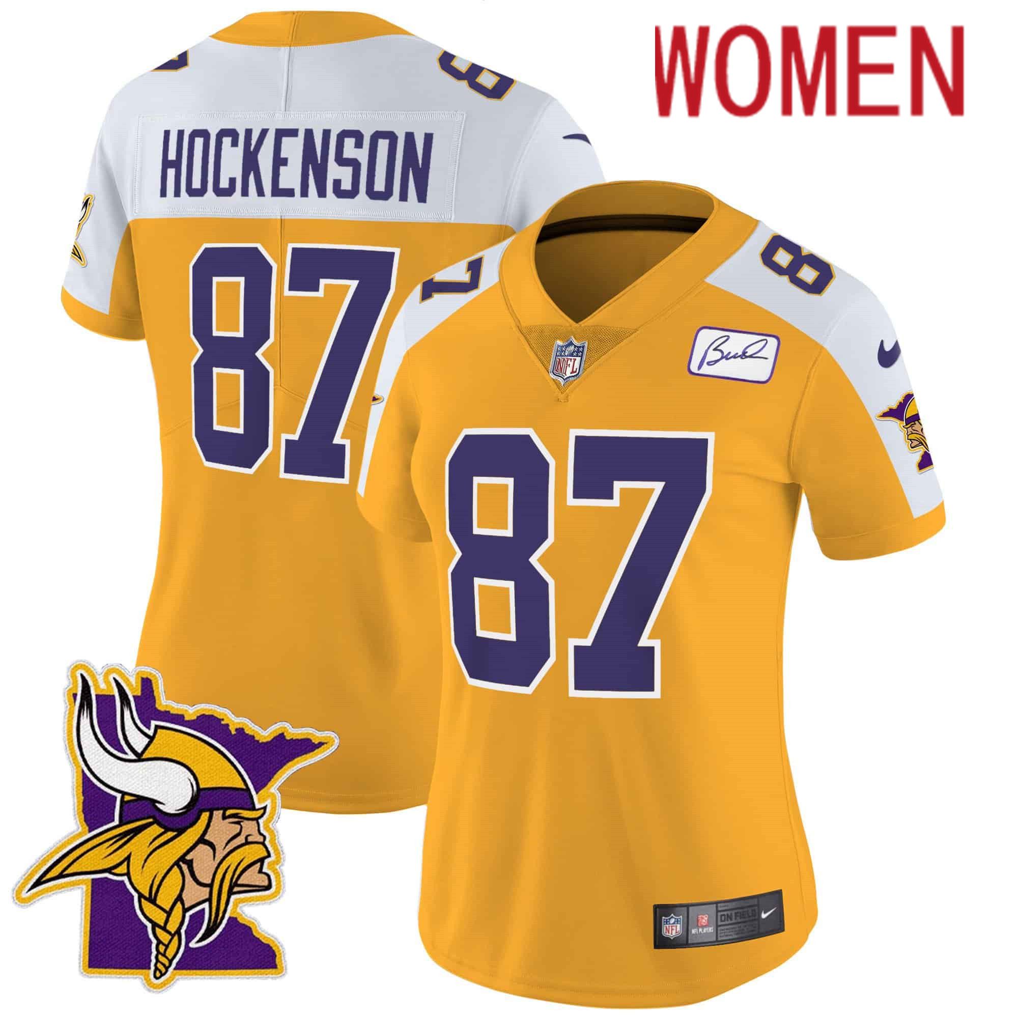 Women Minnesota Vikings 87 Hockenson Yellow 2024 Nike Patch Classic Limited NFL Jersey